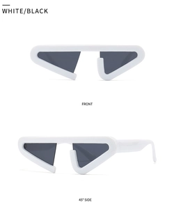 Front and 45-degree side views of white geometric cat eye sunglasses with black lenses
