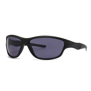 Retro wrap-around sports sunglasses for men featuring matte black frames and grey polarized lenses