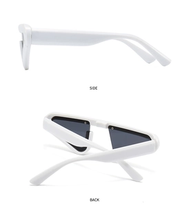 Side and back view of trendy white thick frame sunglasses with dark gray triangle lenses