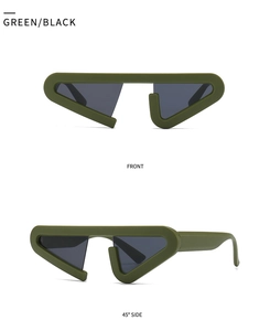 Front and 45-degree views of avant-garde matte green triangular geometric sunglasses