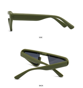Side and back view of dark green matte cat-eye sunglasses with triangular lenses