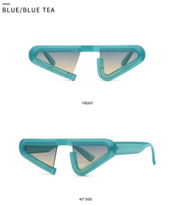Front and 45-degree side view of translucent teal futuristic cat eye sunglasses