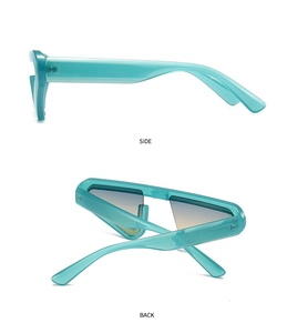 Back and side views of futuristic semi-transparent green wrap-around triangular sunglasses