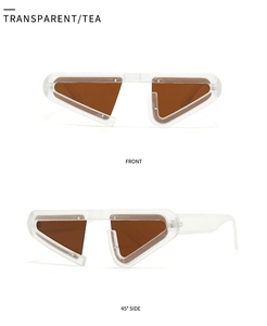 Front and side view of transparent triangular sunglasses with tea-colored lenses