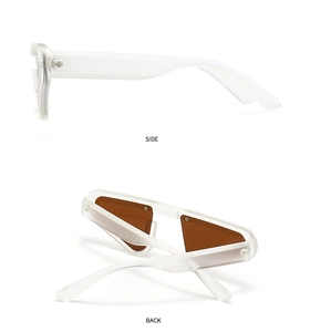 Side and back view of small cat eye sunglasses with white frosted frames and brown lenses
