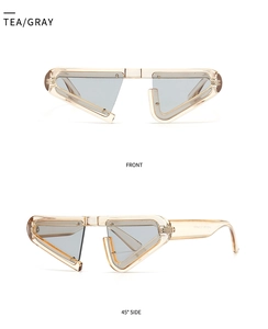 Detail view of tea-colored geometric sunglasses showing front and 45-degree side angles