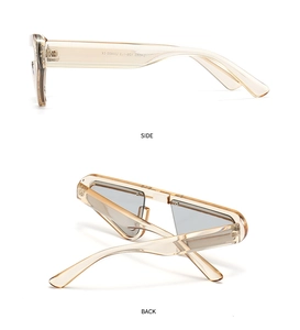 Detailed side and back view of champagne triangle cat eye sunglasses with UV400 CE marks