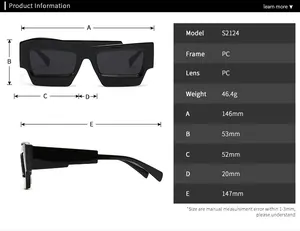 Tableau détaillé des tailles de lunettes de soleil rétro montrant dimensions et matériaux