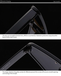 Detail of UV400 lenses and reinforced metal hinges on black cat eye sunglasses