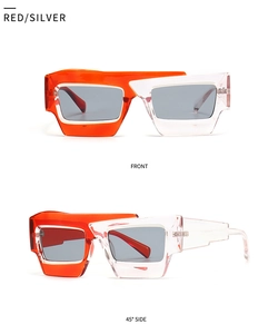 Vue de face et de profil à 45 degrés de lunettes de soleil géométriques rouges et claires