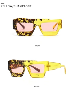 Vue de face et latérale de lunettes de soleil polygonales asymétriques jaune et écaille