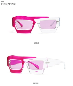 Vue de face et de profil à 45 degrés de lunettes de soleil polygonales rose fuchsia et transparentes