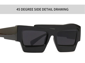 Vue latérale à 45 degrés de lunettes de soleil polygonales avec monture noire et verres foncés
