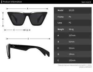 Detailed size chart for trendy cat-eye sunglasses with precise frame and lens dimensions