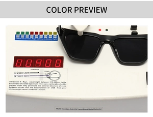 Detailed UV400 protection test showing black cat eye sunglasses on a professional device