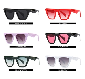 Detailed grid view of trendy cat eye sunglasses with metal rivets and wavy temples