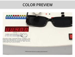 Black rectangular sunglasses on UV test device showing UV400 protection level
