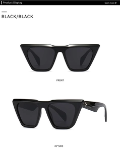 Front and 45-degree angle view of black cat-eye sunglasses with metal rivets