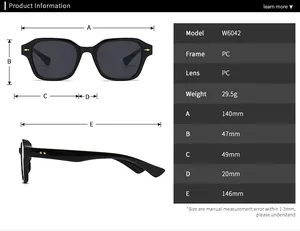 Guide des tailles pour lunettes de soleil W6042 avec mesures précises de la monture PC