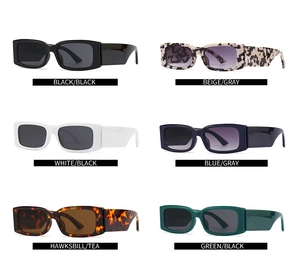 Matrix view of six rectangular oversized sunglasses in various colors and tinted lenses