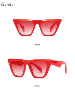 Front and side view of red cat eye sunglasses with gradient lenses and silver studs