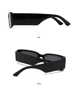 Side and back view of modern black rectangular sunglasses with wide geometric temples