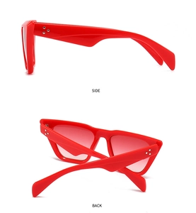 Side and back view of red cat-eye sunglasses with gradient lenses and triple-stud rivets