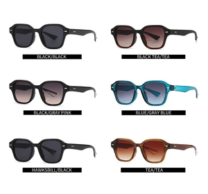 Vue détaillée de six lunettes de soleil rétro à monture polygonale épaisse et coloris variés