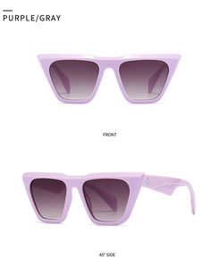 Front and side view of cat eye sunglasses in purple and gray gradient lenses