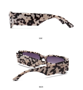 Side and back view of retro square sunglasses with cream tortoiseshell frame and purple lenses