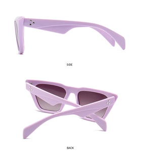 Detailed side and back view of purple cat eye sunglasses with silver star rivets