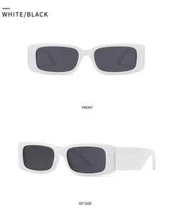 Detailed front and 45-degree side view of white rectangular sunglasses with black lenses