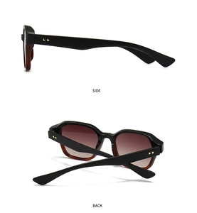 Détail de lunettes de soleil noires à monture épaisse avec rivets dorés et vues latérales