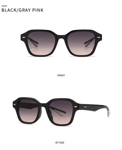 Vues de face et de côté de lunettes noires étroites avec verres dégradés gris rose
