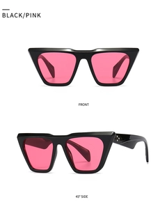 Front and side view of black cat-eye sunglasses with pink lenses and star rivets