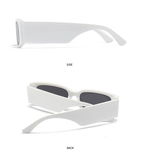 Detailed side and back views of white thick-frame retro rectangle sunglasses with dark lenses