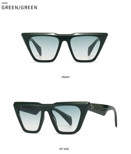Front and 45-degree side view of dark green retro cat eye sunglasses with gradient lenses