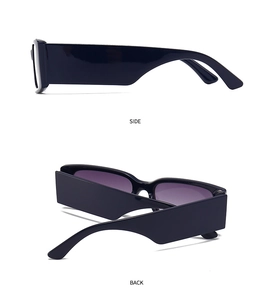 Side and back view of retro rectangle sunglasses with thick black frames and purple lenses
