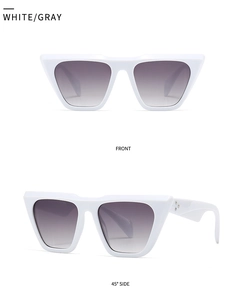 Front and 45-degree side views of white cat-eye sunglasses with gray gradient lenses