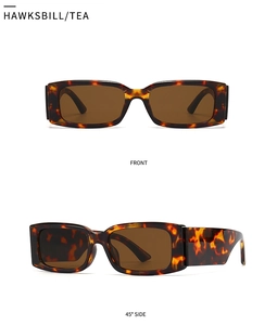 Front and 45-degree side views of hawksbill rectangle sunglasses with tea lenses