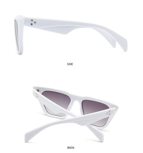 Side and back view of white cat-eye sunglasses with gradient lenses and silver rivet detail