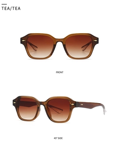 Vues de face et de profil de lunettes hexagonales ambrées avec rivets métalliques