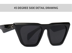 Detailed 45-degree side view of black cat eye sunglasses with star metal rivets