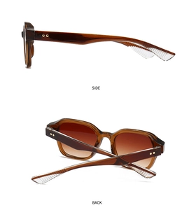 Vues latérale et arrière des lunettes de soleil ambre avec rivets dorés et branches