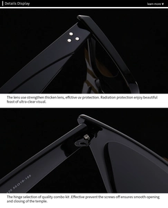 Detail view of cat eye sunglasses with metal hinges and reinforced UV protection lenses