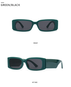 Front and side view of modern rectangular dark green sunglasses with wide resin temples