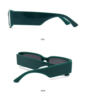 Detailed side and back view of dark green thick frame rectangular sunglasses