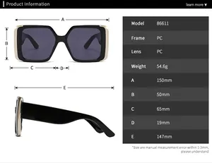 Size chart for model 86611 square sunglasses showing PC frame and lens measurements