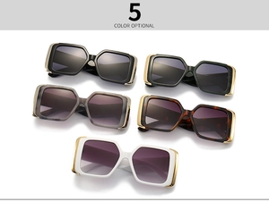 Detailed view of square cat-eye sunglasses in five colors with golden side accents