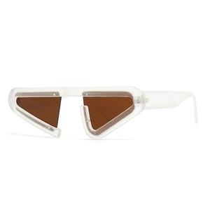 Futuristic triangle sunglasses with thick transparent frames and brown lenses for style